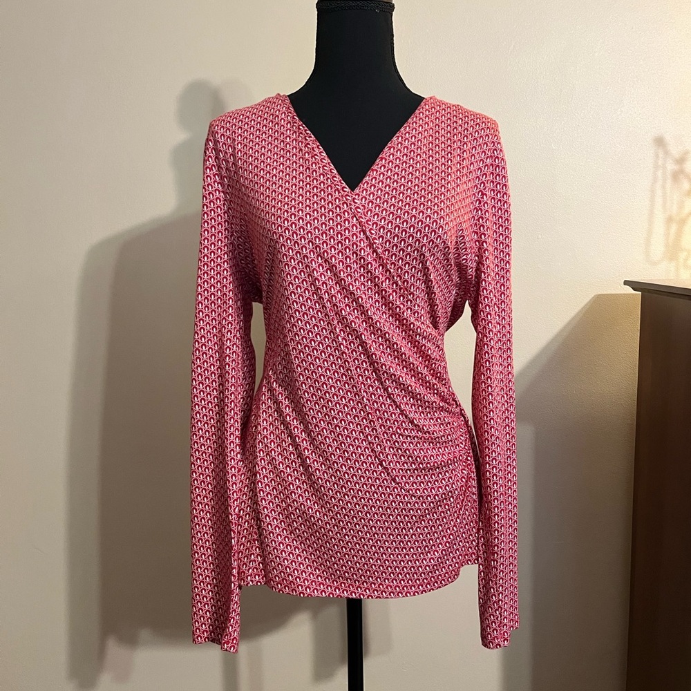Talbots Draped Crossover Long Sleeve Blouse in Unique Geometric Pattern